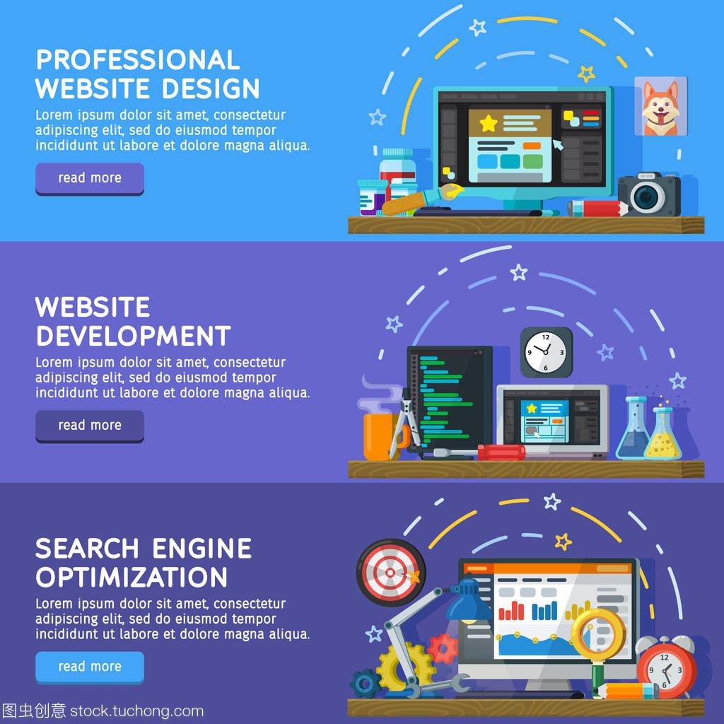 橫向平面樣式的廣告橫幅。設置為 web 橫幅。網站和應用程序的開發。網頁設計。編程和編碼。搜索優化、 Seo 和市場營銷。矢量圖